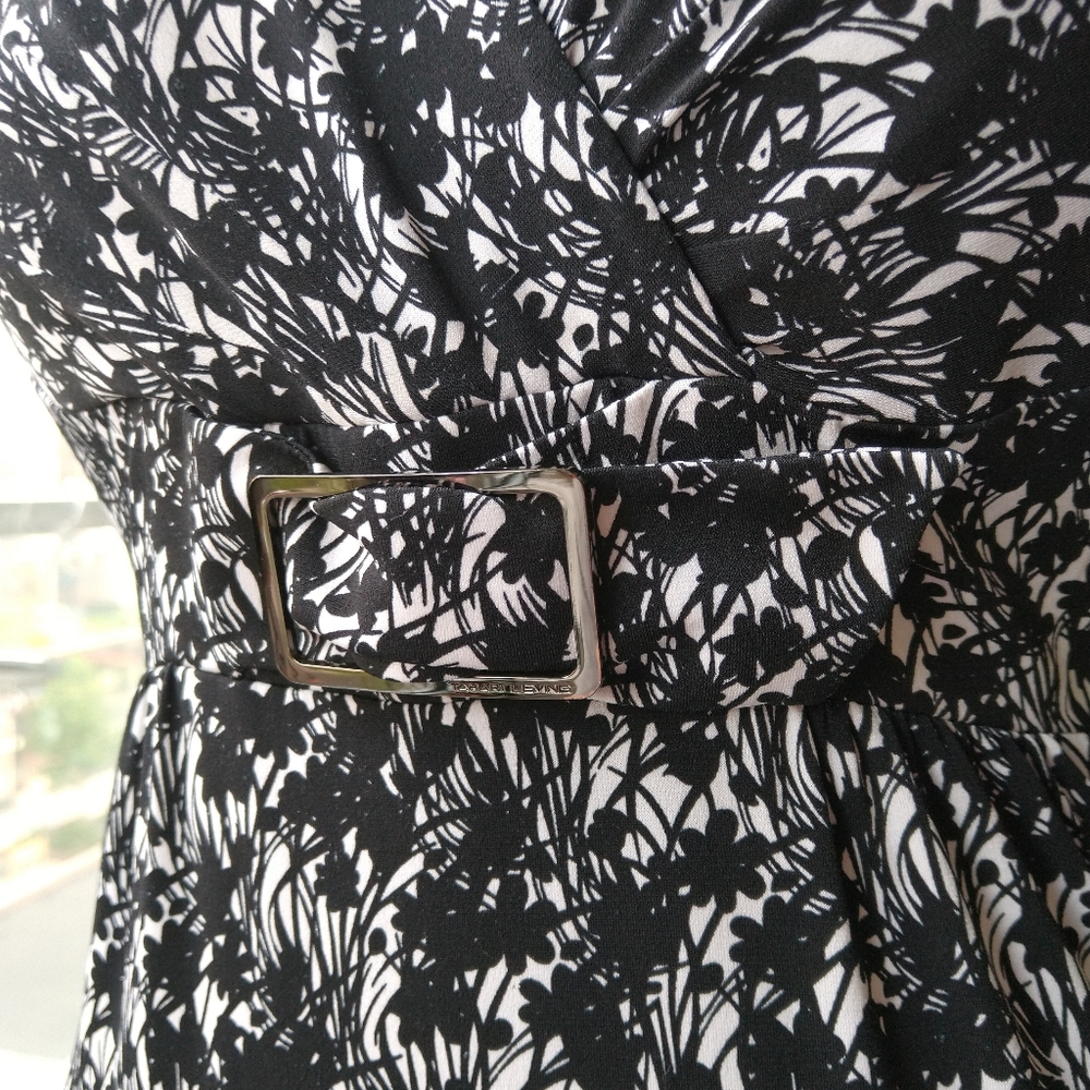 Knit print fitted belted midi dress office, evening, stretch - Picture 4 of 4